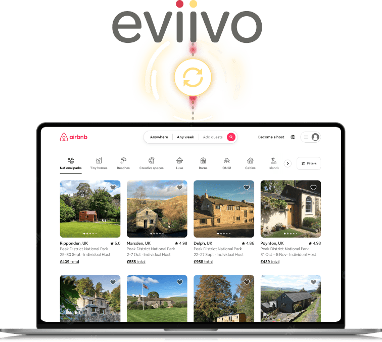eviivo logo and laptop screen of Airbnb website