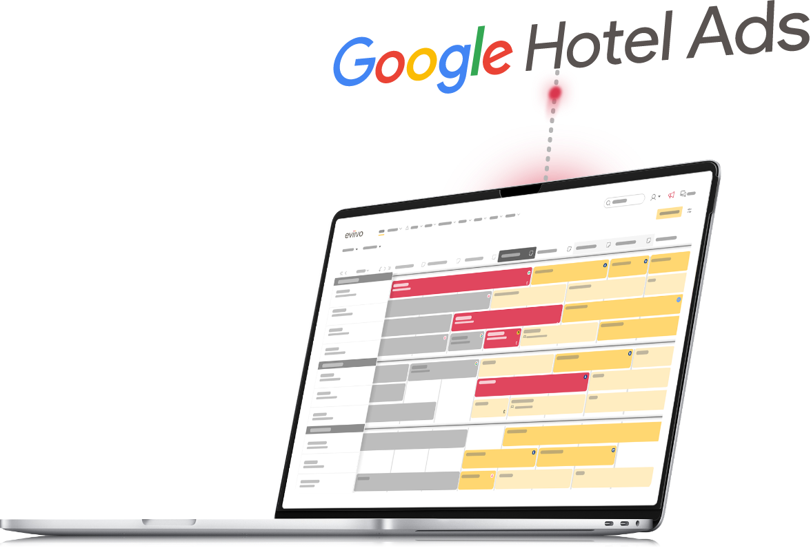 google hotel ads syncing up to eviivo booking calendar on laptop screen