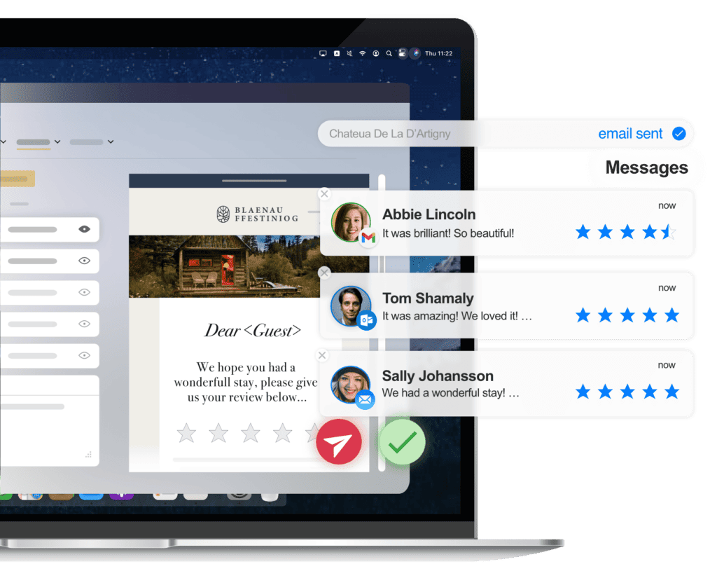eviivo Guest Manager - request & manager reviews feature An eviivo feature showing requesting hotel guest reviews to improve hotel reputation management