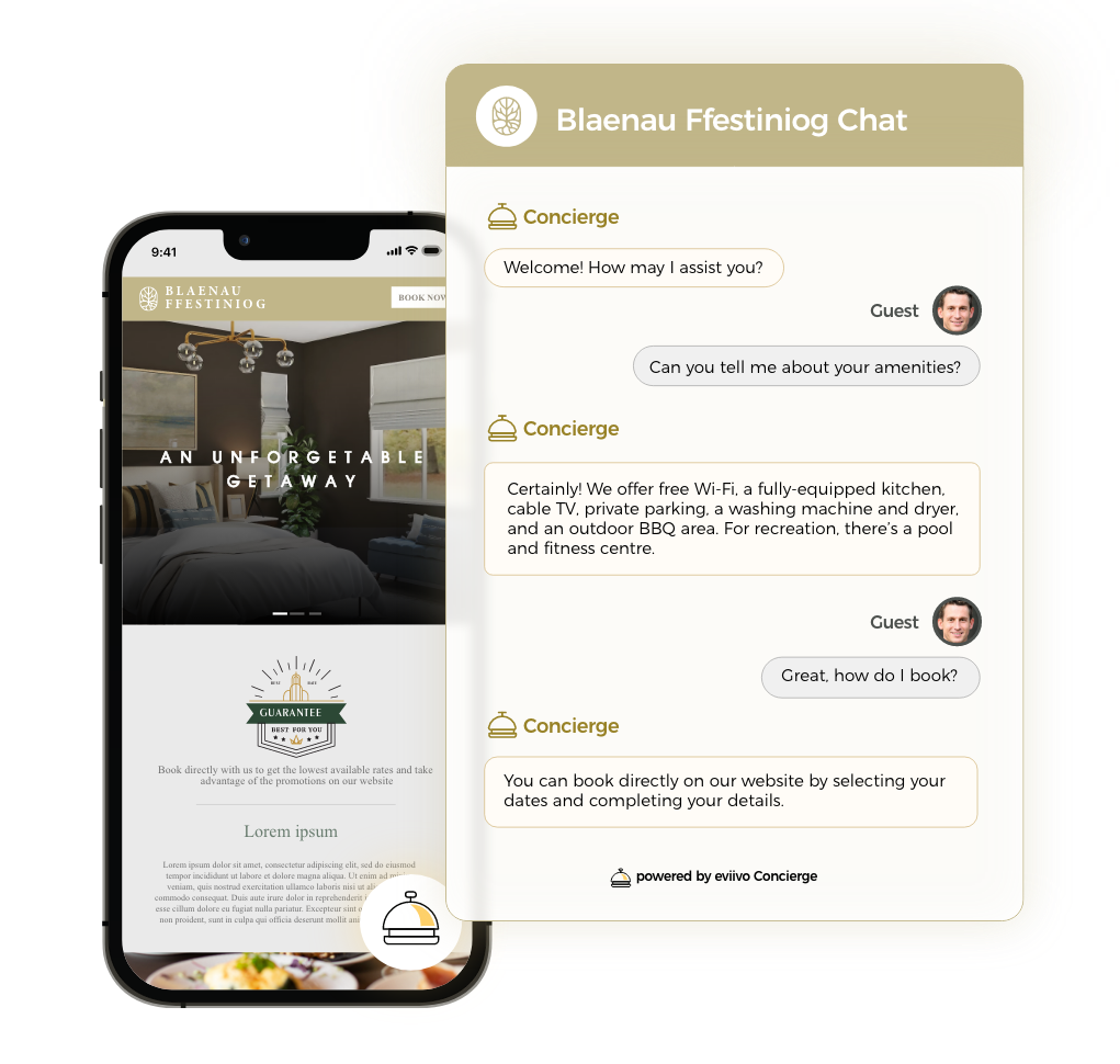 Eine schriftliche Webchat-Interaktion zwischen einem Hotelgast und dem KI-gestützten Concierge von eviivo auf einem Handybildschirm.