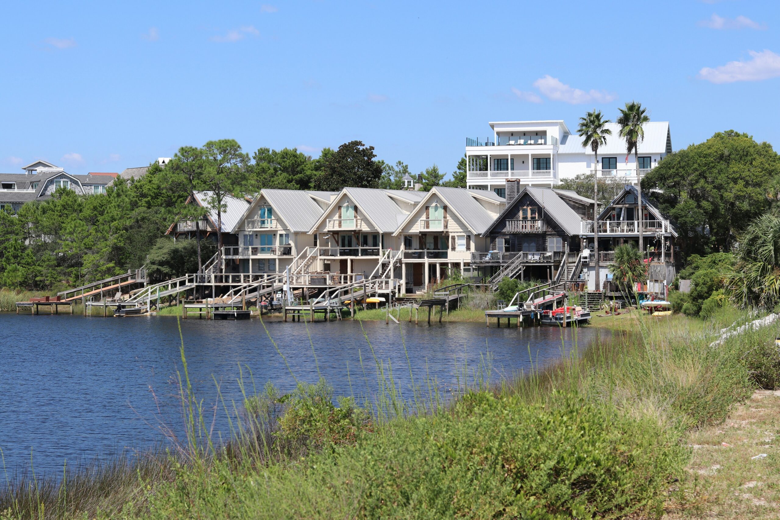 A row of multiple waterside vacation rental properties